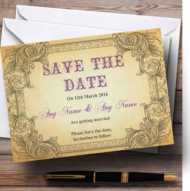 Typography Vintage Purple Postcard Personalised Wedding Save The Date Cards