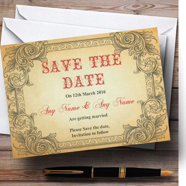 Typography Vintage Red Postcard Personalised Wedding Save The Date Cards