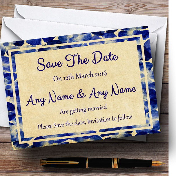 Vintage Blue Flowers Postcard Style Personalised Wedding Save The Date Cards