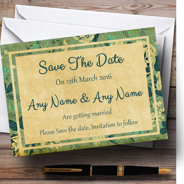 Vintage Blue Turquoise  Floral Postcard Style Personalised Wedding Save The Date Cards