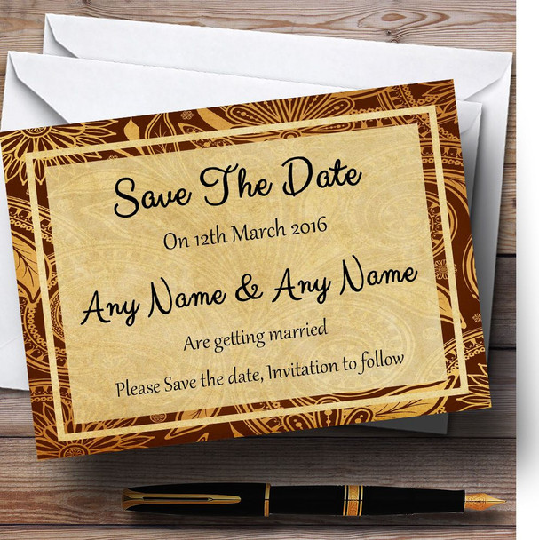 Vintage Brown Gold  Postcard Style Personalised Wedding Save The Date Cards