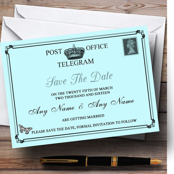 Vintage Telegram Elegant Aqua Personalised Wedding Save The Date Cards