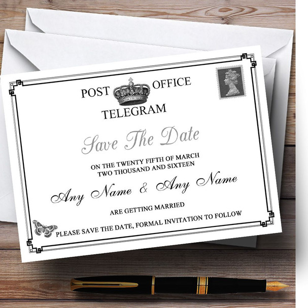 Vintage Telegram Elegant White Personalised Wedding Save The Date Cards