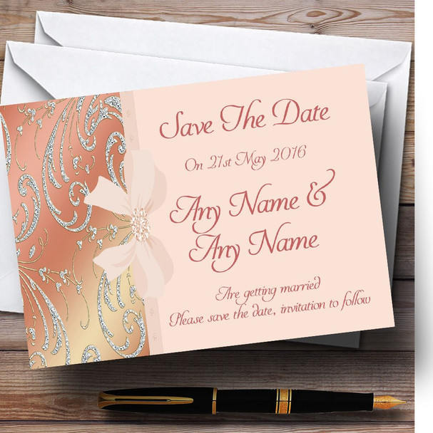 Pale Pink Coral Diamante Bow Wedding Save The Date Cards