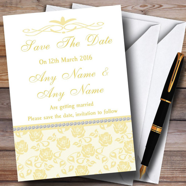 Pretty Pale Yellow Floral Diamante Personalised Wedding Save The Date Cards