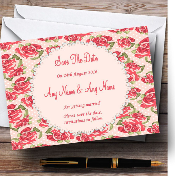 Coral Pink Floral Shabby Chic Chintz Personalised Wedding Save The Date Cards