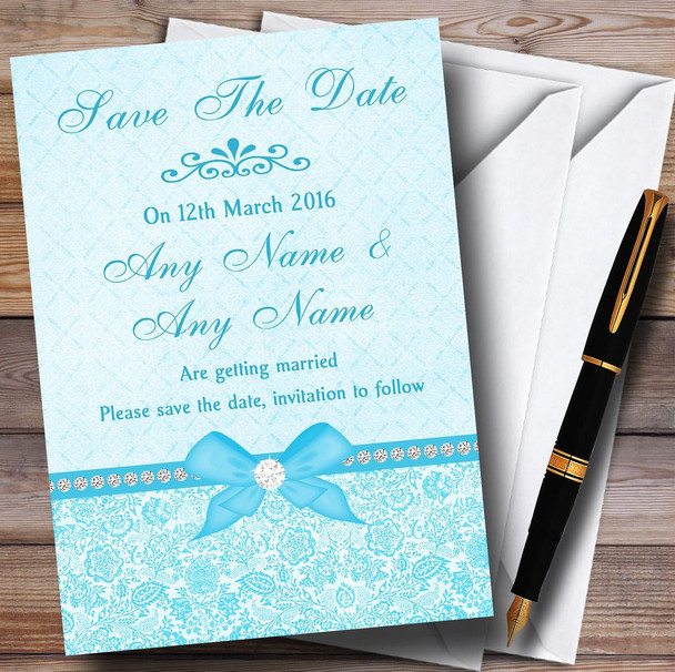 Pretty Floral Vintage Bow & Diamante Aqua Sky Blue Personalised Wedding Save The Date Cards