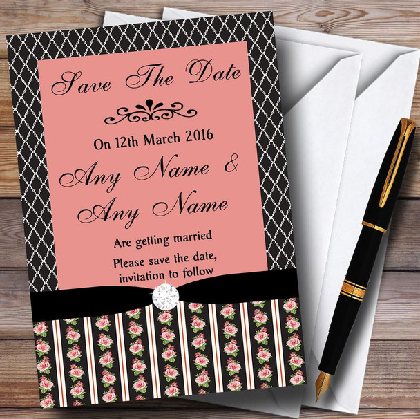 Black And Coral Pink Rose Shabby Chic Personalised Wedding Save The Date Cards