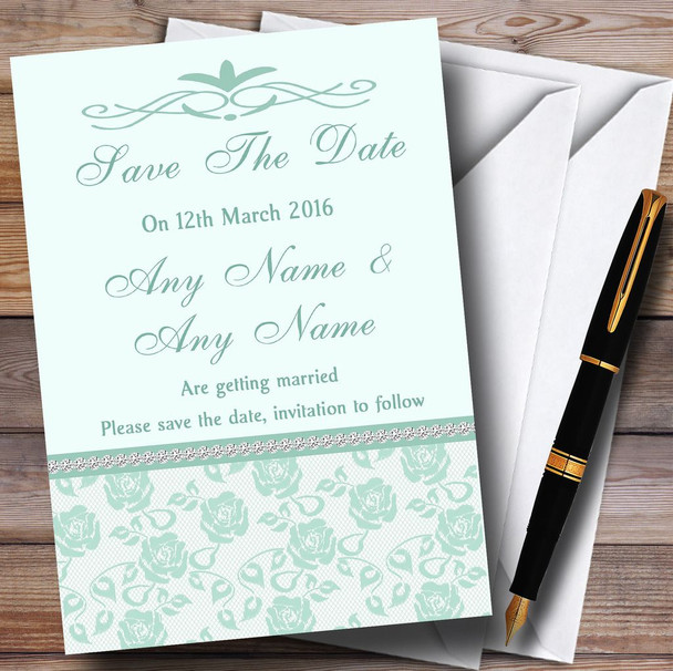 Pretty Mint Green & Sage Floral Diamante Personalised Wedding Save The Date Cards