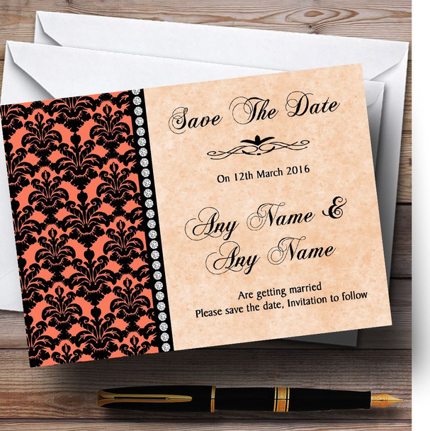 Coral Black Damask & Diamond Personalised Wedding Save The Date Cards