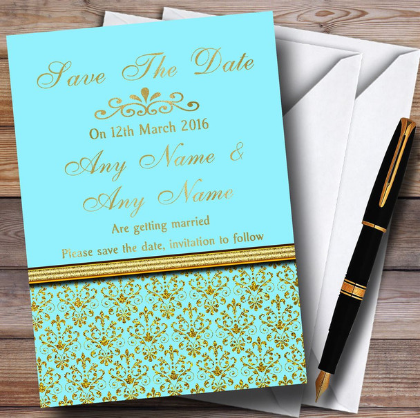 Aqua Sky Blue & Gold Vintage Damask Personalised Wedding Save The Date Cards