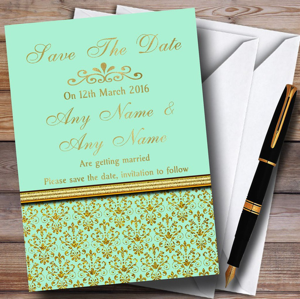 Mint Green & Gold Vintage Damask Personalised Wedding Save The Date Cards