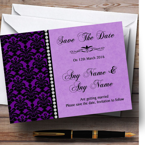 Cadbury Purple Black Damask & Diamond Personalised Wedding Save The Date Cards