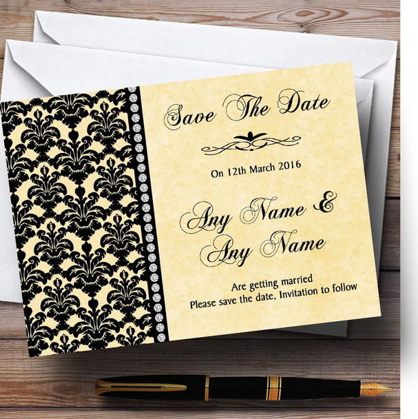 Yellow Black Damask & Diamond Personalised Wedding Save The Date Cards