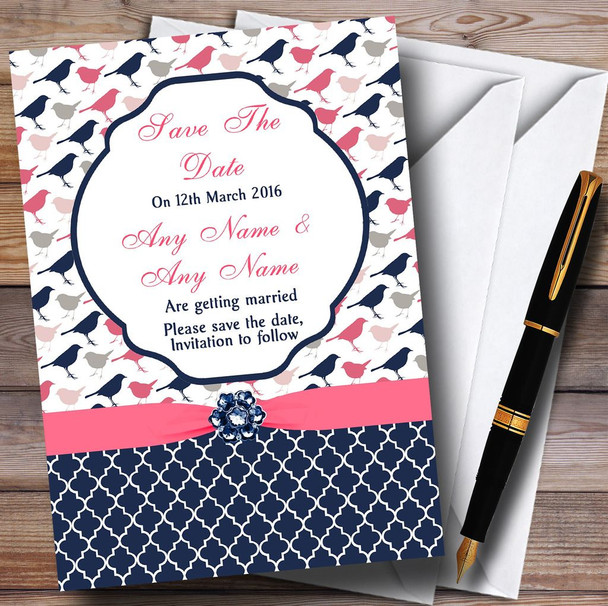 Navy Blue & Coral Pink Shabby Chic Birds Personalised Wedding Save The Date Cards