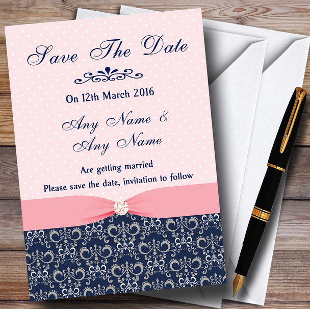 Dusky Coral Pink Vintage Diamond Bow Personalised Wedding Save The Date Cards