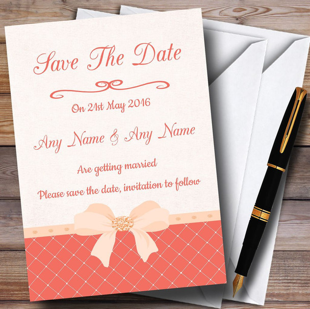 Quilted Look Coral Bow Personalised Wedding Save The Date Cards