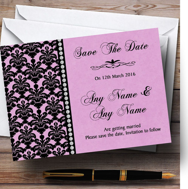 Dusky Rose Pink Black Damask & Diamond Personalised Wedding Save The Date Cards