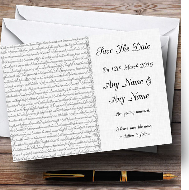 Off White Love Vows Romantic Script Personalised Wedding Save The Date Cards