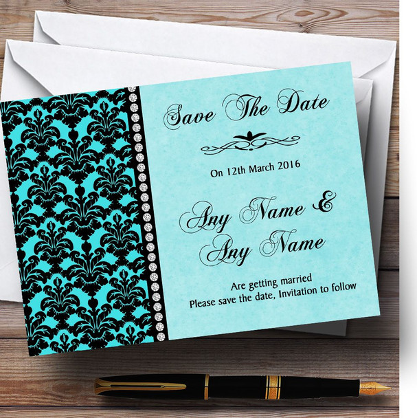 Aqua Sky Blue Black Damask & Diamond Personalised Wedding Save The Date Cards