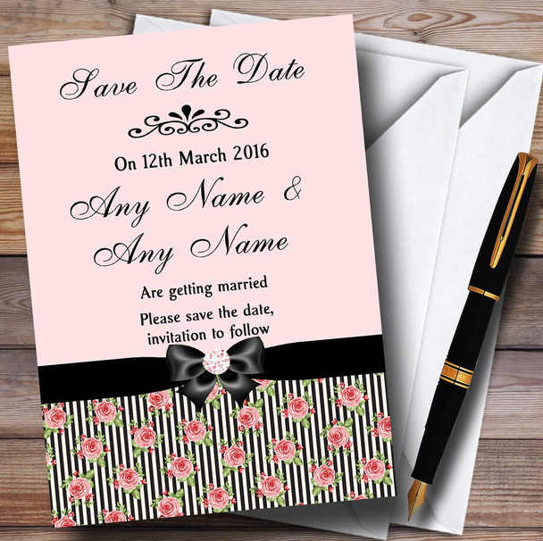 Coral Pink Rose Shabby Chic Black Stripes Personalised Wedding Save The Date Cards