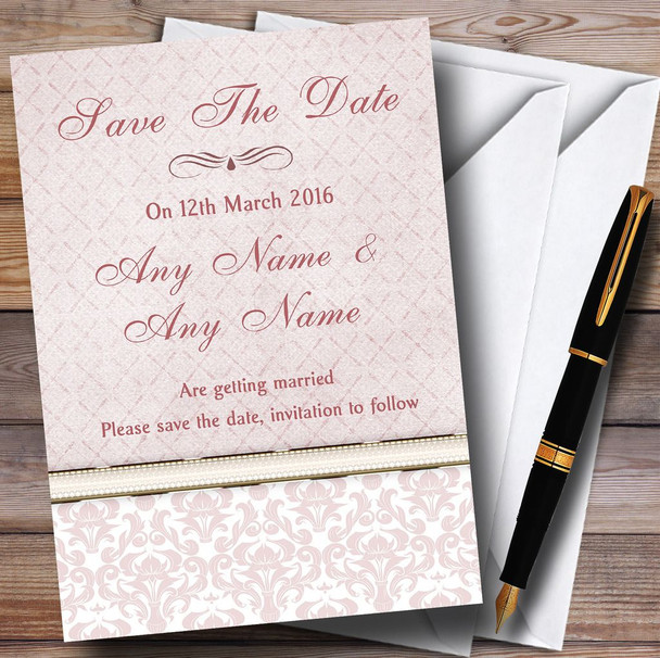 Dusky Rose Pink Damask Vintage Pearl Personalised Wedding Save The Date Cards