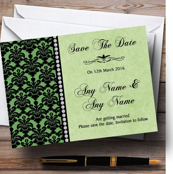 Green Black Damask & Diamond Personalised Wedding Save The Date Cards