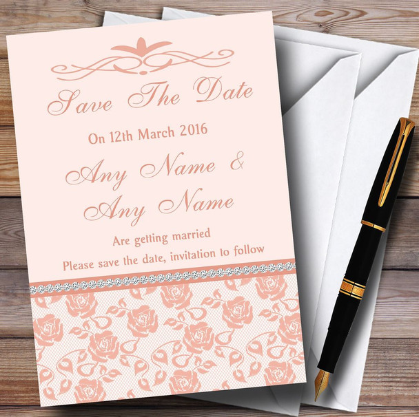 Pretty Pale Coral Floral Diamante Personalised Wedding Save The Date Cards