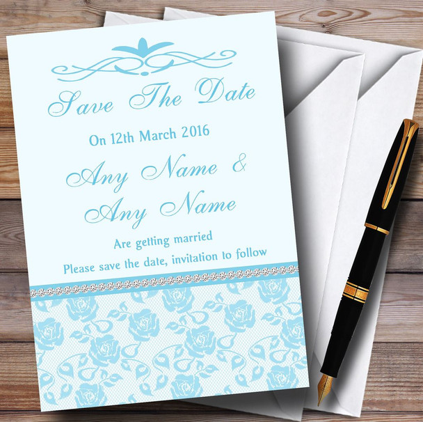 Pretty Sky Blue Floral Diamante Personalised Wedding Save The Date Cards