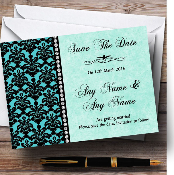 Turquoise Damask & Diamond Personalised Wedding Save The Date Cards