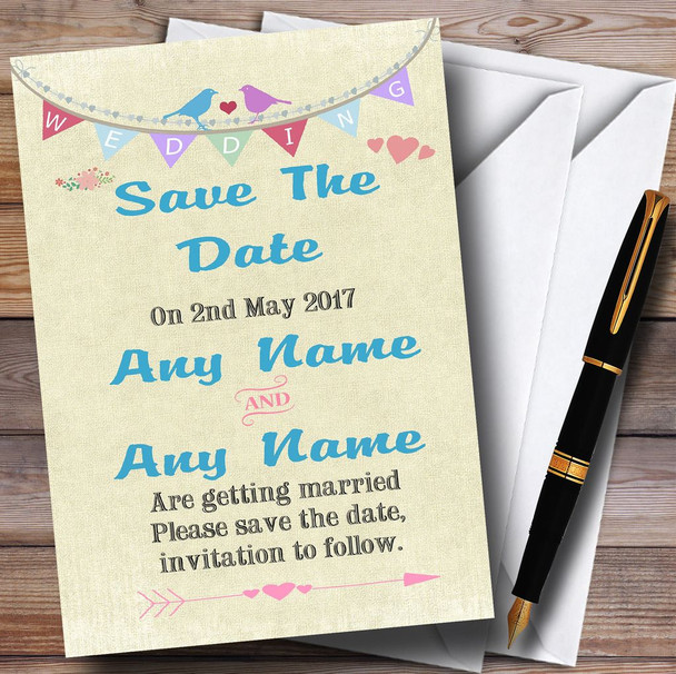 Vintage Shabby Chic Love Birds And Bunting Personalised Save The Date Cards