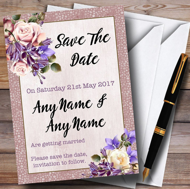 Pale Coral Pink & Lilac Watercolour Rose Personalised Save The Date Cards