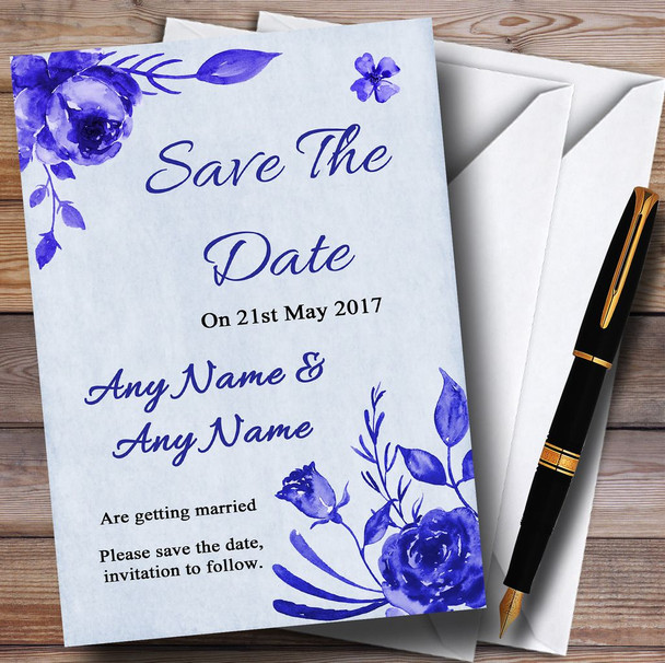 Pale Blue & White Watercolour Floral Personalised Wedding Save The Date Cards