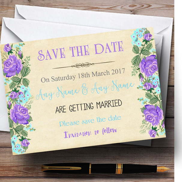 Vintage Purple & Blue Watercolour Personalised Wedding Save The Date Cards