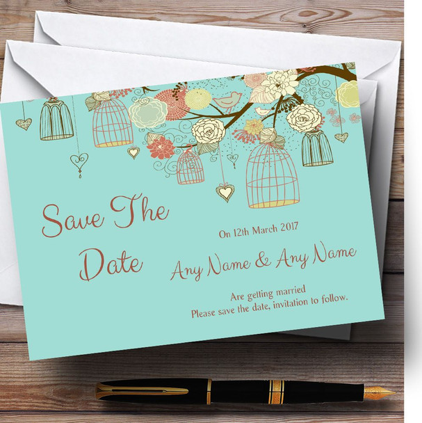 Vintage Shabby Chic Birdcage Turquoise Personalised Wedding Save The Date Cards