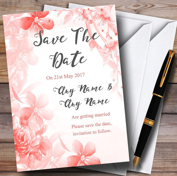 Coral Watercolour Floral Personalised Wedding Save The Date Cards