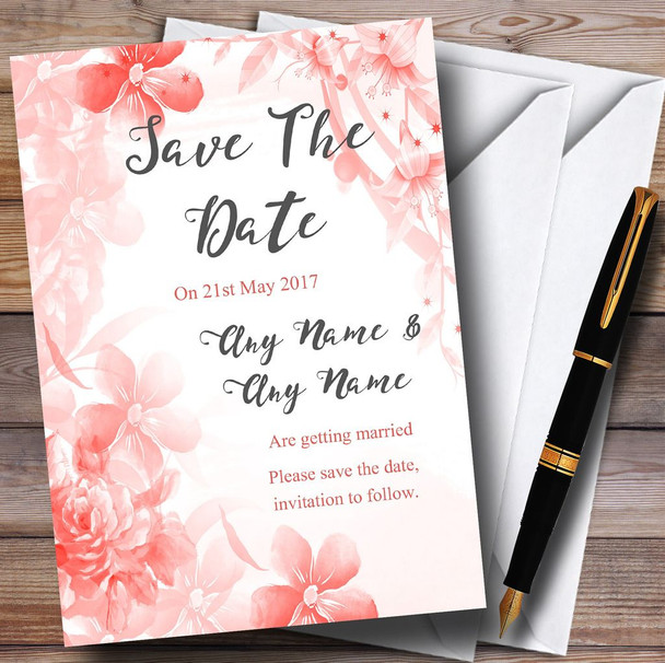 Coral Watercolour Floral Personalised Wedding Save The Date Cards Coral Watercolour Floral Personalised Wedding Save The Date Cards
