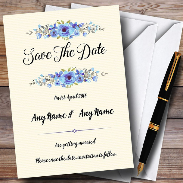 Watercolour Blue Floral Rustic Personalised Wedding Save The Date Cards