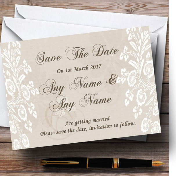 Vintage Lace Beige Chic Personalised Wedding Save The Date Cards