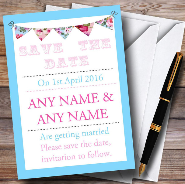 Blue Pink Bunting Shabby Chic Tea Garden Personalised Save The Date Cards