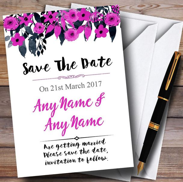 Watercolour Black & Hot Pink Floral Header Personalised Save The Date Cards