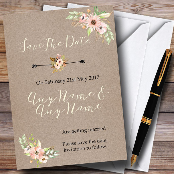 Rustic Vintage Watercolour Peach Floral Personalised Wedding Save The Date Cards