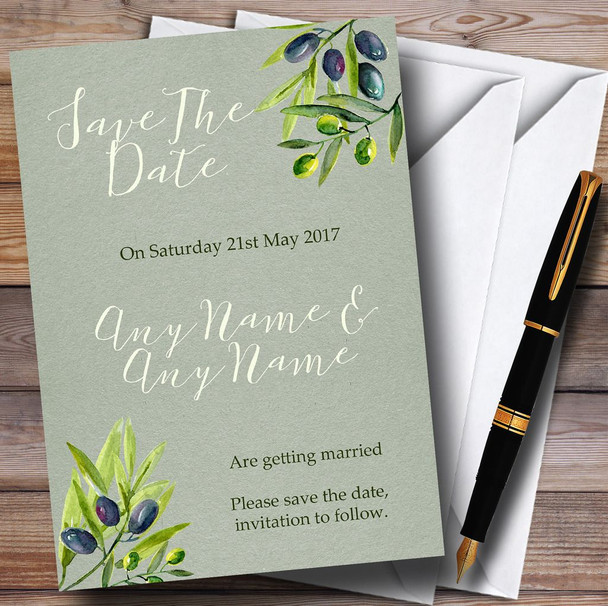 Rustic Vintage Watercolour Olive Personalised Wedding Save The Date Cards