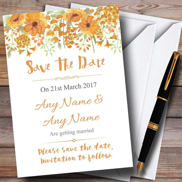 Watercolour Floral Orange Personalised Wedding Save The Date Cards