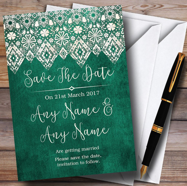 Teal Green Old Paper & Lace Effect Personalised Save The Date Cards