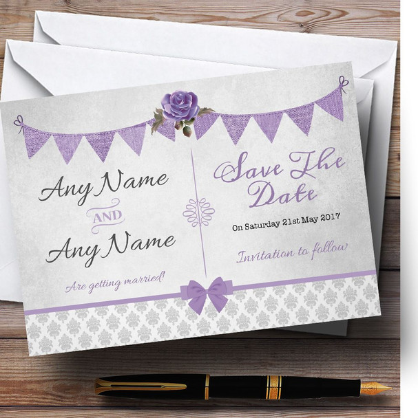 Vintage Rustic Style Bunting Purple & Silver Personalised Save The Date Cards