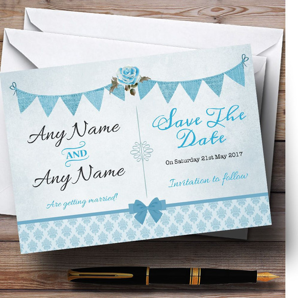 Vintage Rustic Style Bunting Powder Baby Blue Personalised Save The Date Cards