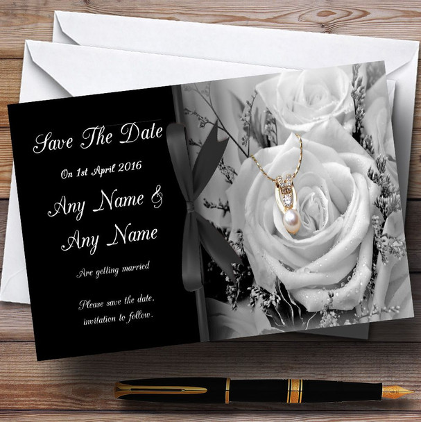 Black White Rose Pearl Personalised Wedding Save The Date Cards