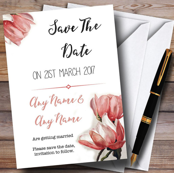 Watercolour Coral Magnolias Personalised Wedding Save The Date Cards