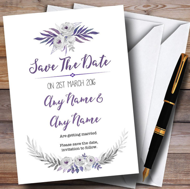 Purple & Silver Subtle Floral Personalised Wedding Save The Date Cards